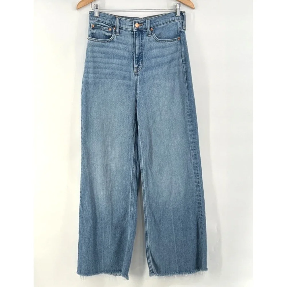 J. Crew Wide Leg Trouser Jeans Sz 28 High Rise Raw Hem Light Wash Denim Festival